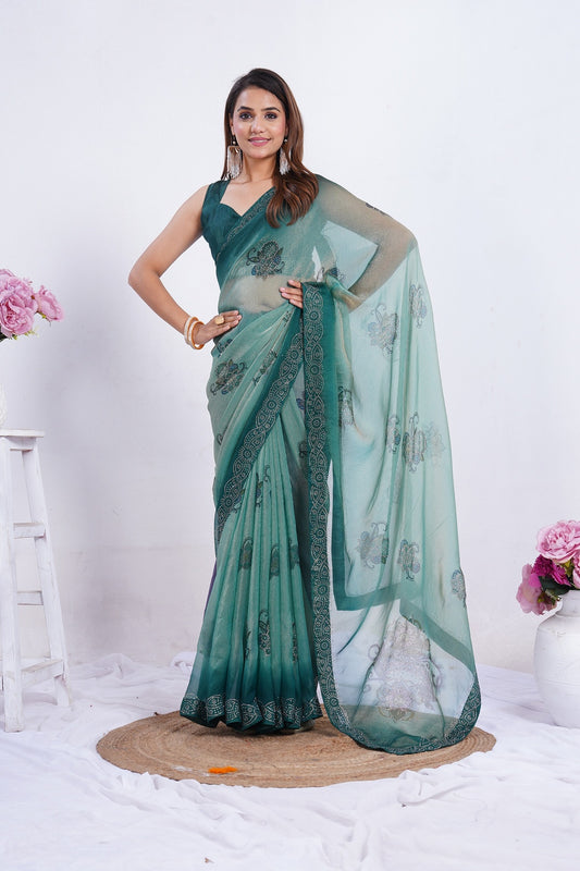 Sea Green Embroidered Organza Saree with Designer Border & Unstitched Blouse Piece