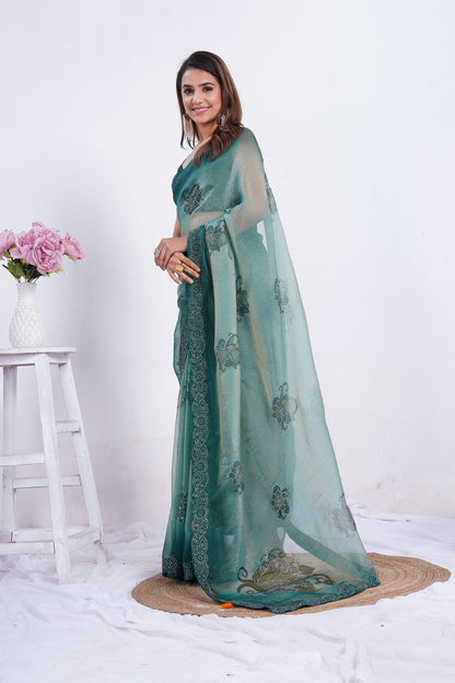 Sea Green Embroidered Organza Saree with Designer Border & Unstitched Blouse Piece