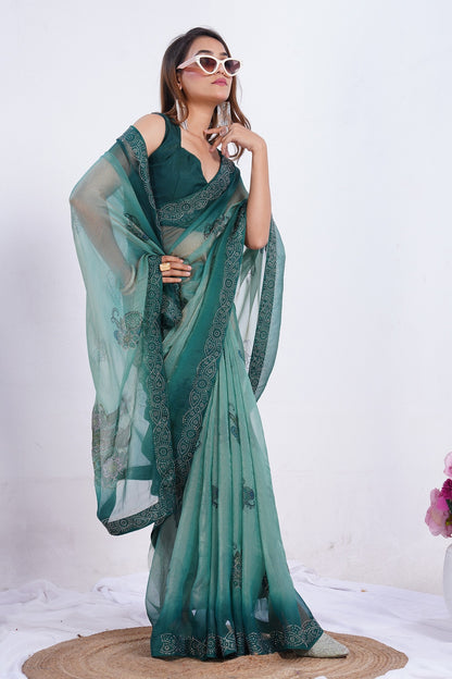 Sea Green Embroidered Organza Saree with Designer Border & Unstitched Blouse Piece