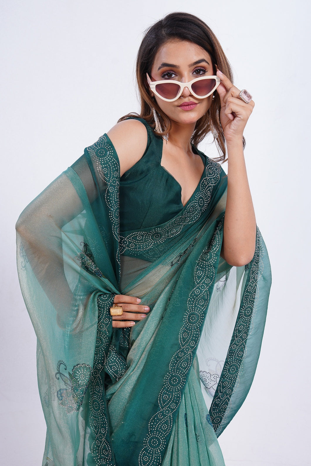 Sea Green Embroidered Organza Saree with Designer Border & Unstitched Blouse Piece