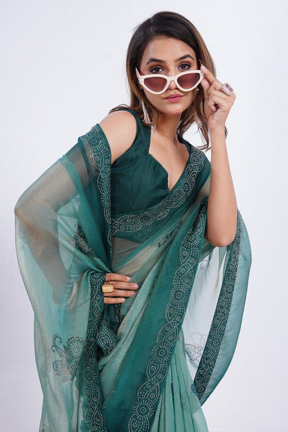 Sea Green Embroidered Organza Saree with Designer Border & Unstitched Blouse Piece