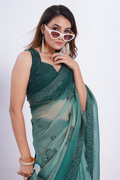 Sea Green Embroidered Organza Saree with Designer Border & Unstitched Blouse Piece