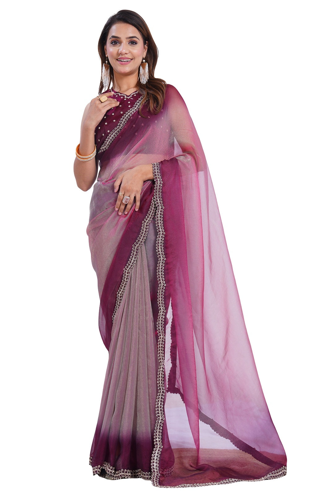 Elegant Ombre Organza Saree with Embellished Border & Matching Blouse Piece