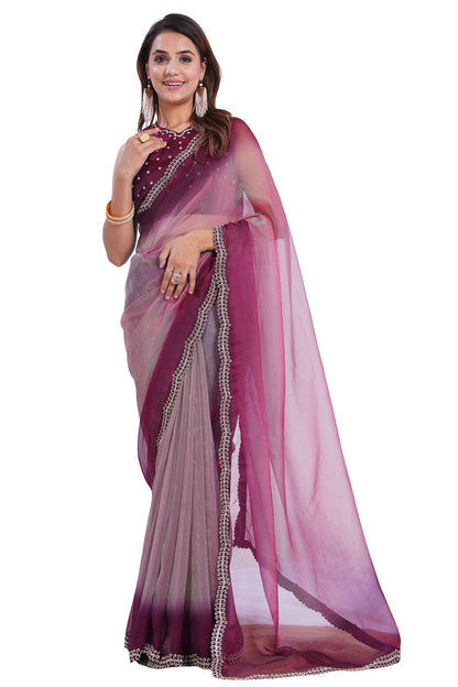 Elegant Ombre Organza Saree with Embellished Border & Matching Blouse Piece