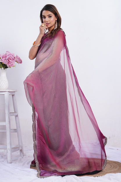 Elegant Ombre Organza Saree with Embellished Border & Matching Blouse Piece