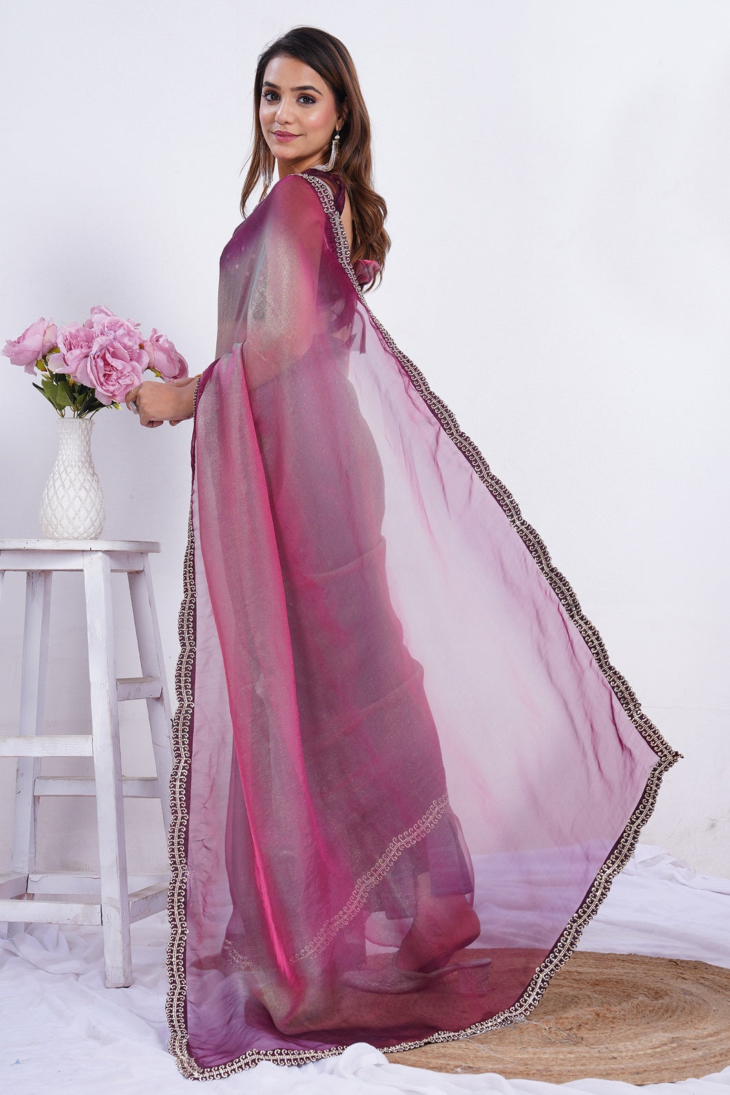 Elegant Ombre Organza Saree with Embellished Border & Matching Blouse Piece