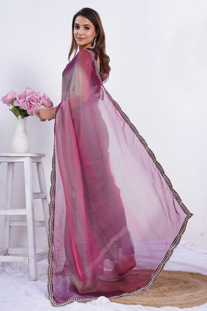 Elegant Ombre Organza Saree with Embellished Border & Matching Blouse Piece