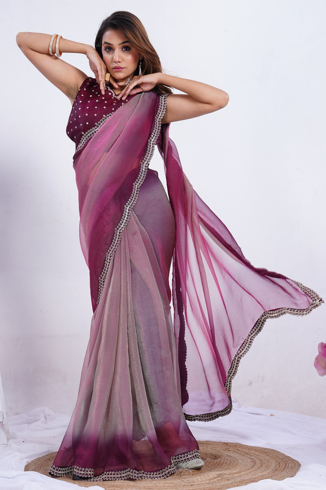 Elegant Ombre Organza Saree with Embellished Border & Matching Blouse Piece