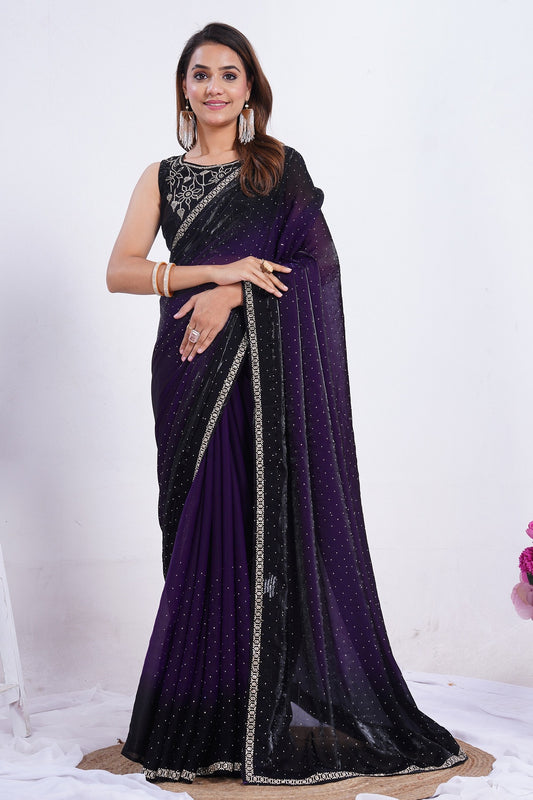 Midnight Purple Ombre Crystal Embellished Saree with Designer Border