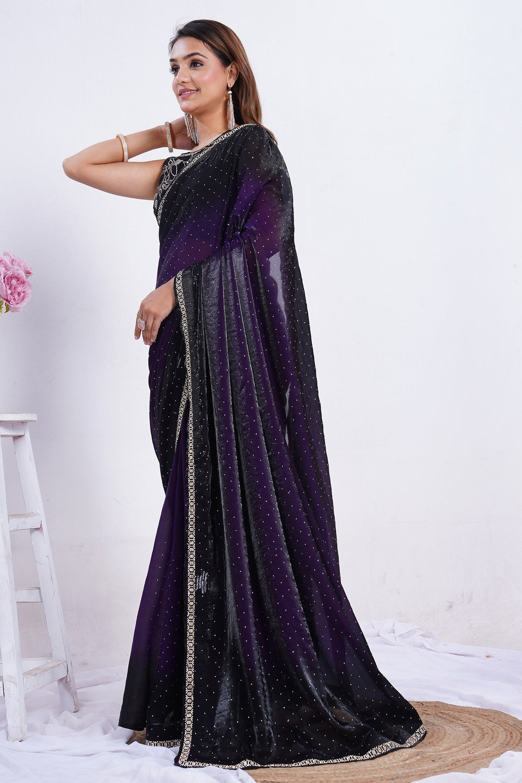 Midnight Purple Ombre Crystal Embellished Saree with Designer Border