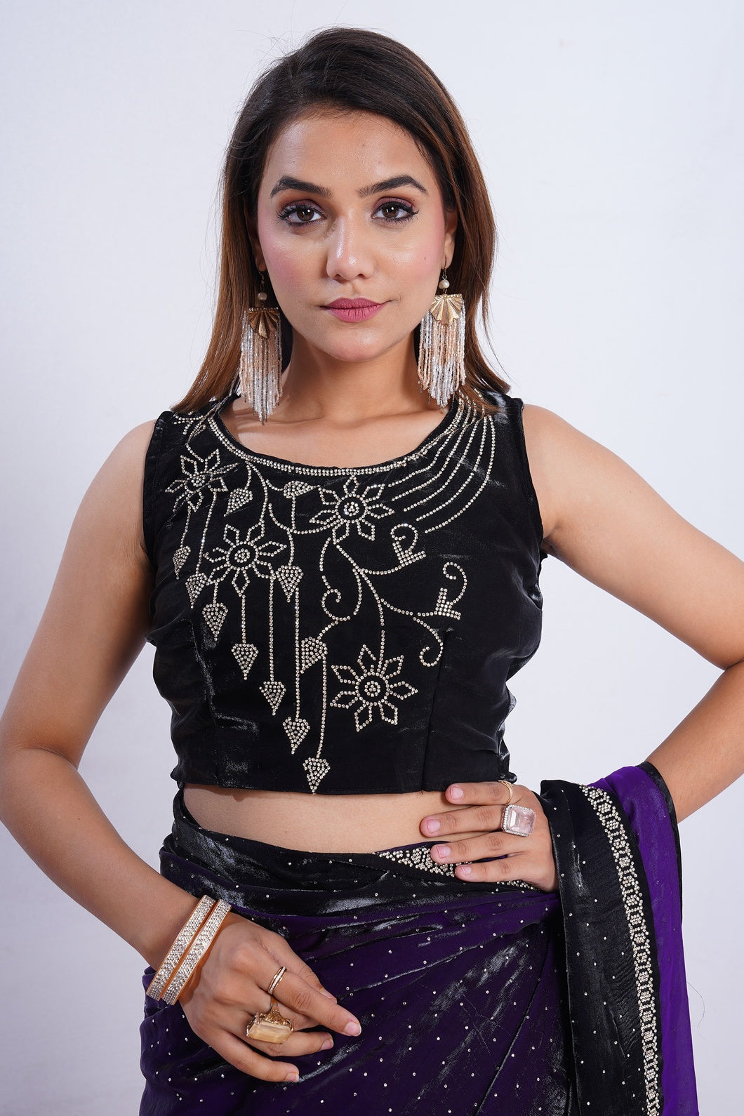 Midnight Purple Ombre Crystal Embellished Saree with Designer Border