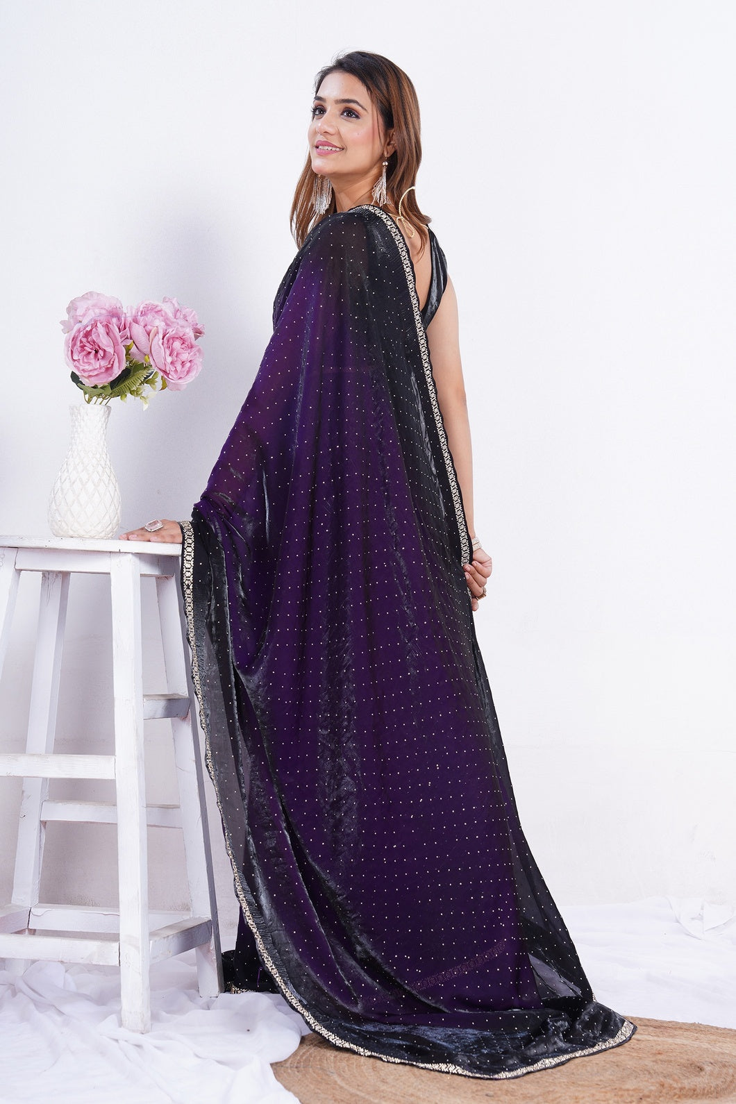 Midnight Purple Ombre Crystal Embellished Saree with Designer Border