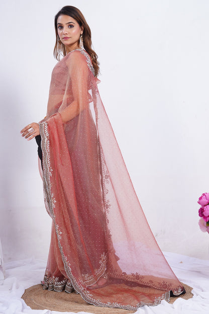 Blush Pink Embroidered Net Saree with Sequined Border & Matching Blouse Piece