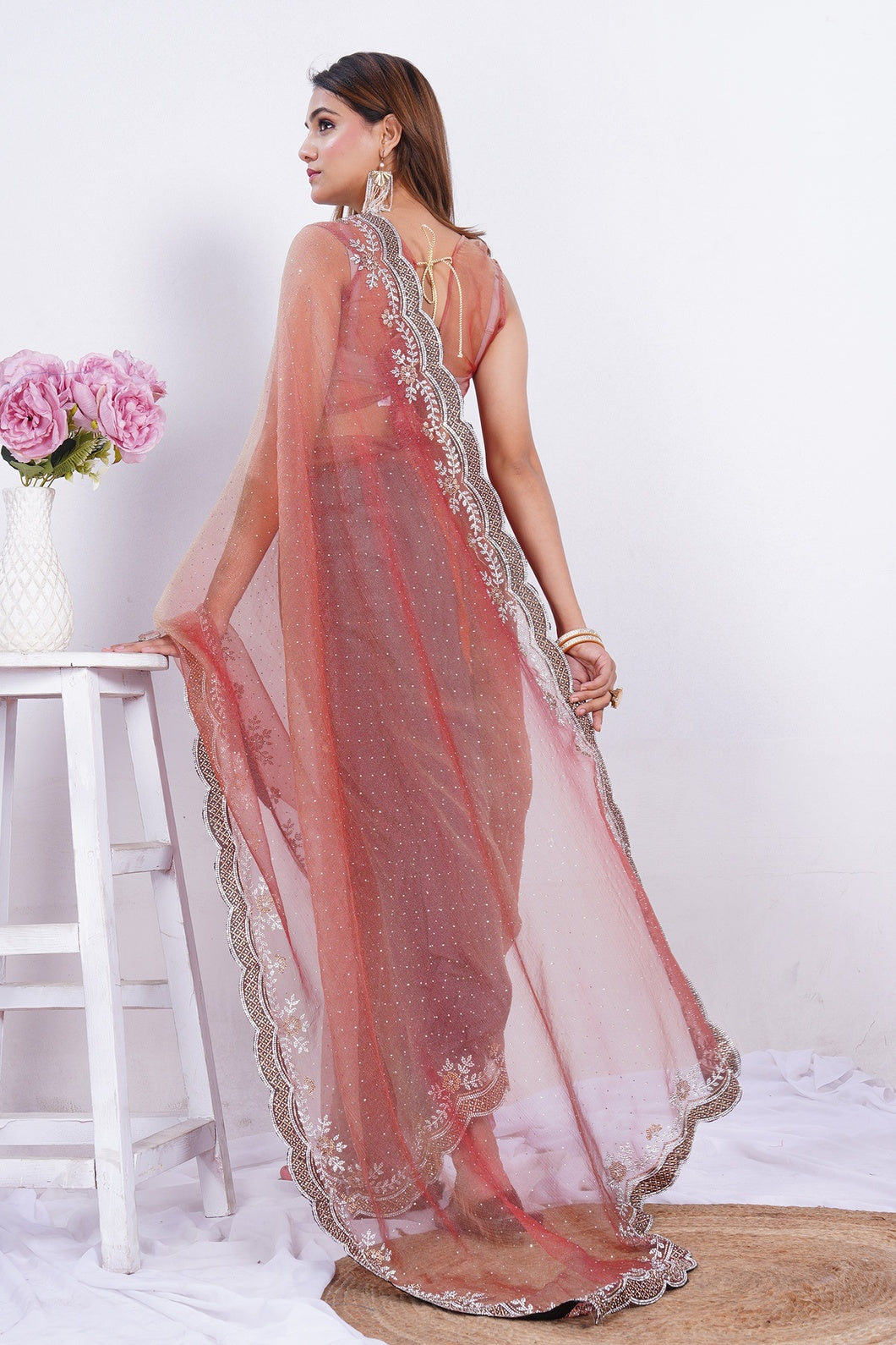 Blush Pink Embroidered Net Saree with Sequined Border & Matching Blouse Piece