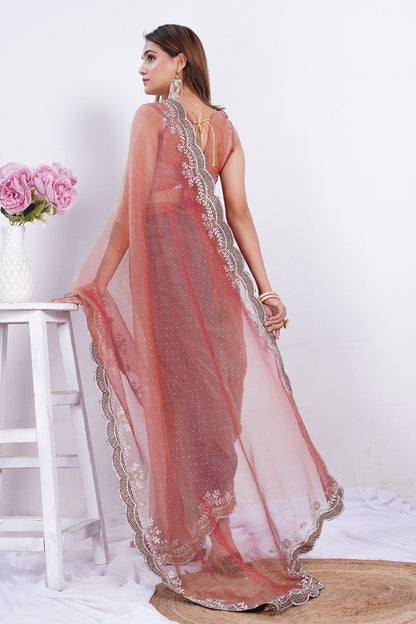 Blush Pink Embroidered Net Saree with Sequined Border & Matching Blouse Piece