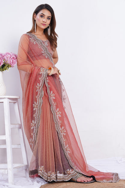 Blush Pink Embroidered Net Saree with Sequined Border & Matching Blouse Piece