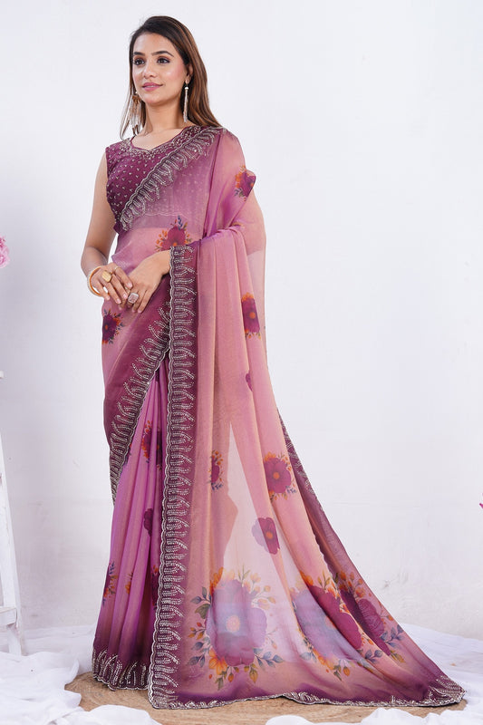Blush Pink Floral Printed Designer Saree with Embellished Border