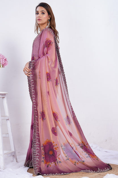 Blush Pink Floral Printed Designer Saree with Embellished Border
