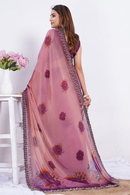 Blush Pink Floral Printed Designer Saree with Embellished Border