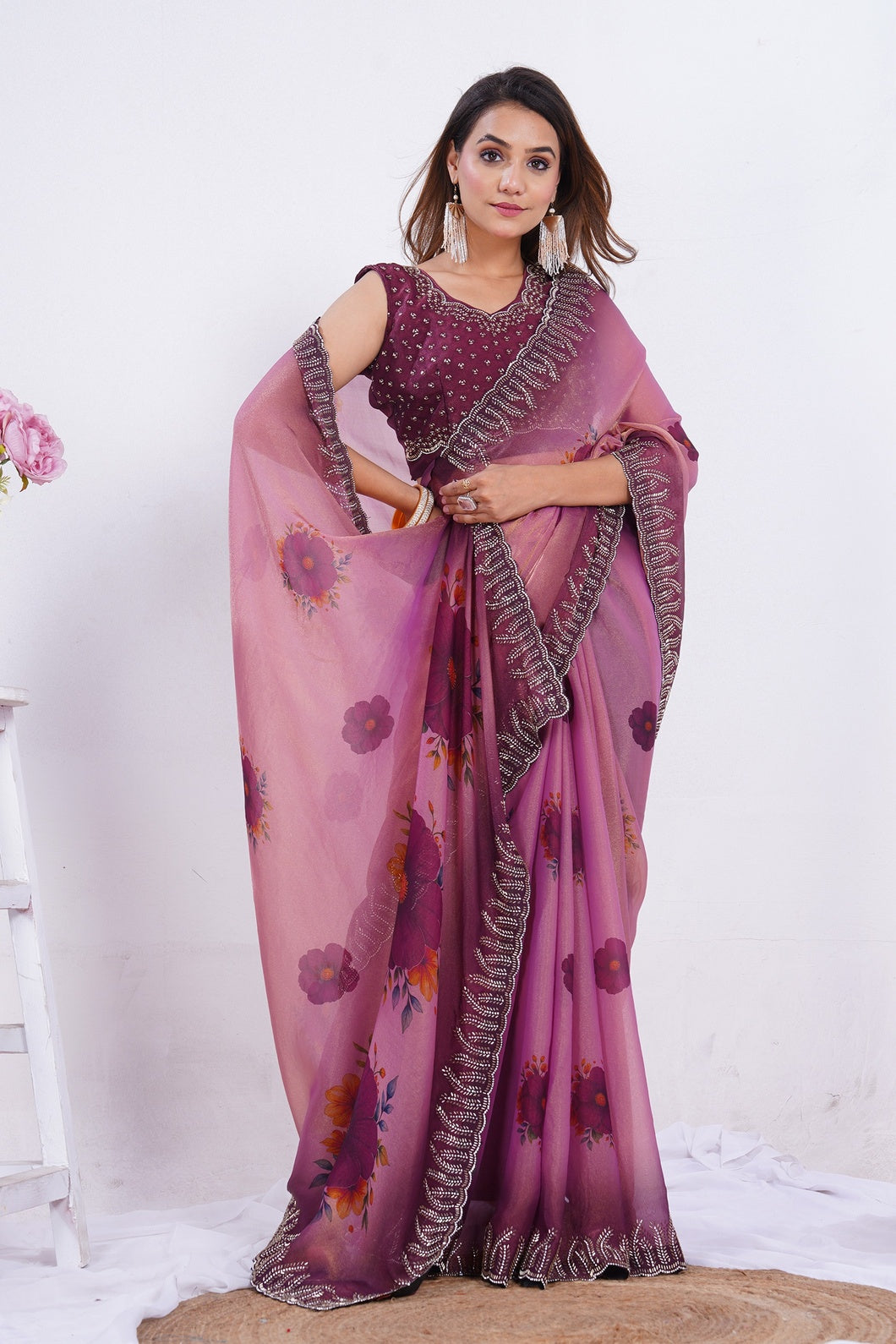 Blush Pink Floral Printed Designer Saree with Embellished Border