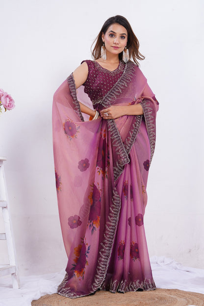 Blush Pink Floral Printed Designer Saree with Embellished Border