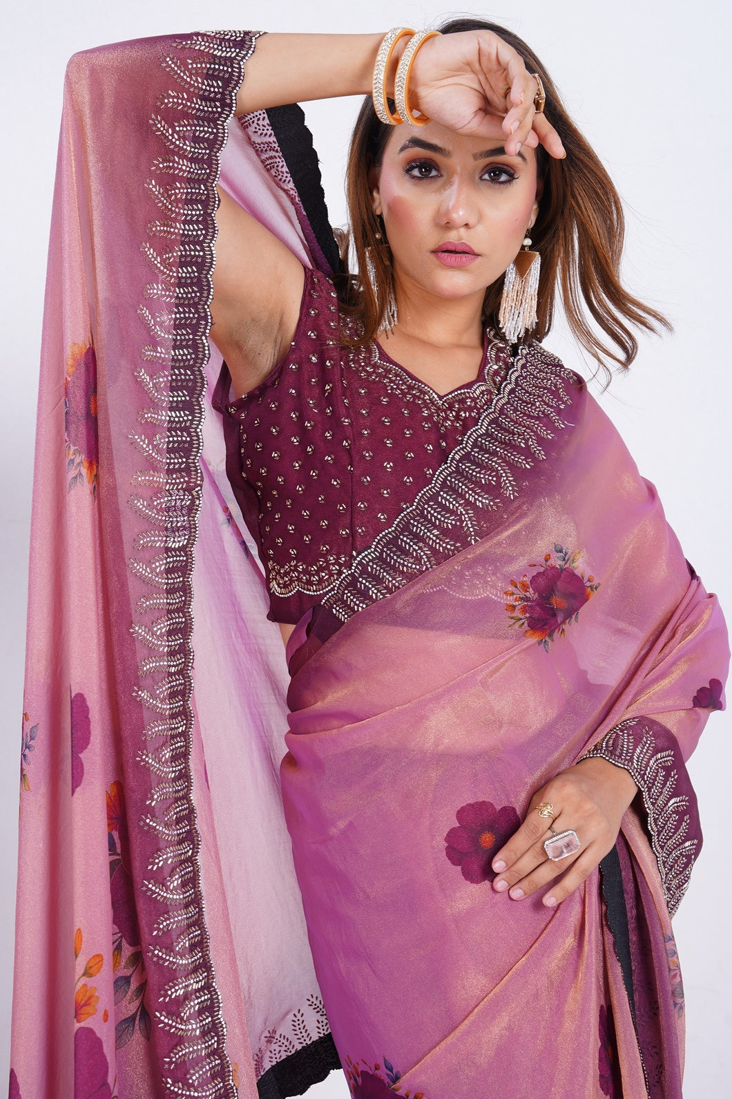 Blush Pink Floral Printed Designer Saree with Embellished Border