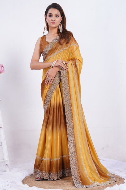 Golden Mustard Shimmer Saree with Embroidered Lace Border