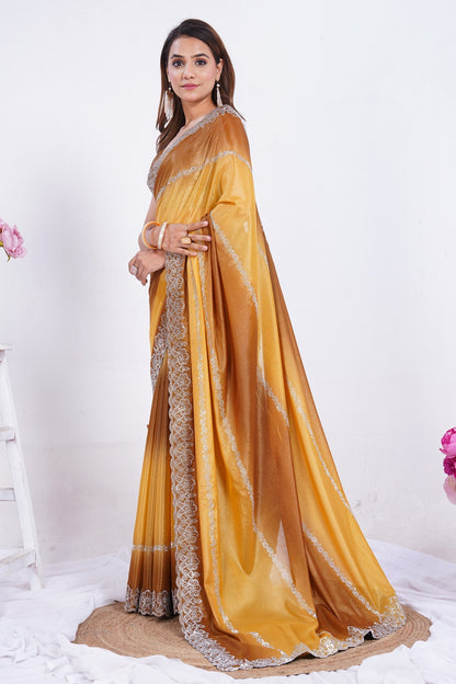 Golden Mustard Shimmer Saree with Embroidered Lace Border