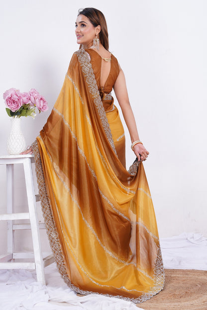 Golden Mustard Shimmer Saree with Embroidered Lace Border