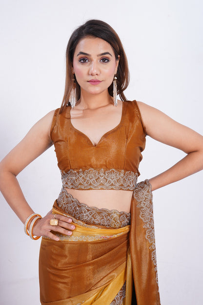 Golden Mustard Shimmer Saree with Embroidered Lace Border