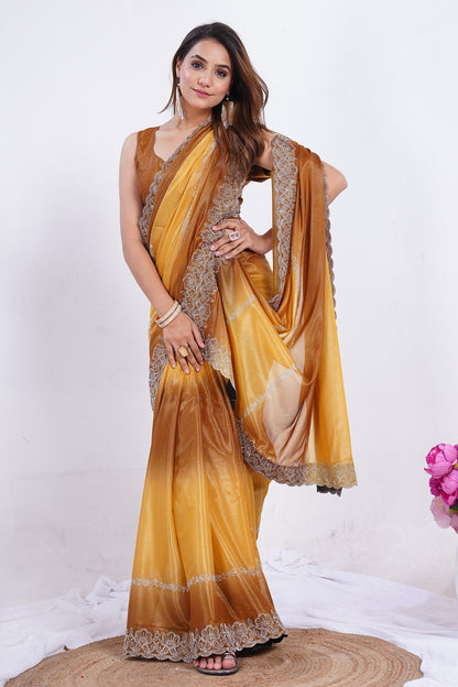 Golden Mustard Shimmer Saree with Embroidered Lace Border