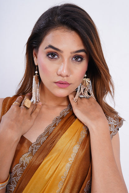 Golden Mustard Shimmer Saree with Embroidered Lace Border