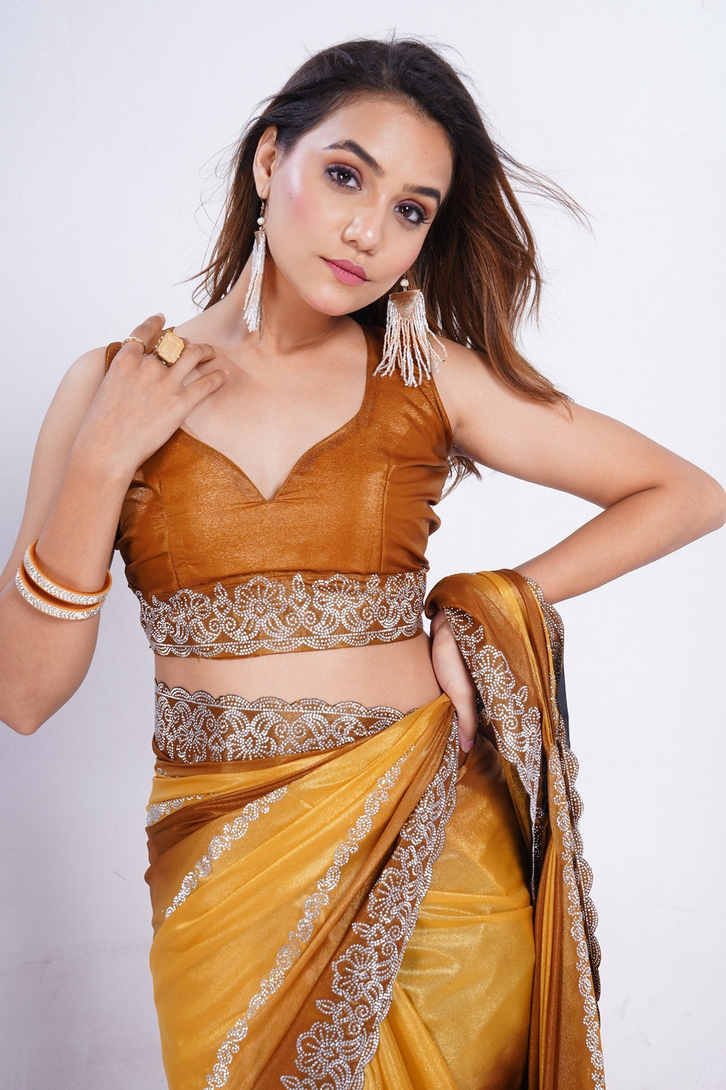 Golden Mustard Shimmer Saree with Embroidered Lace Border