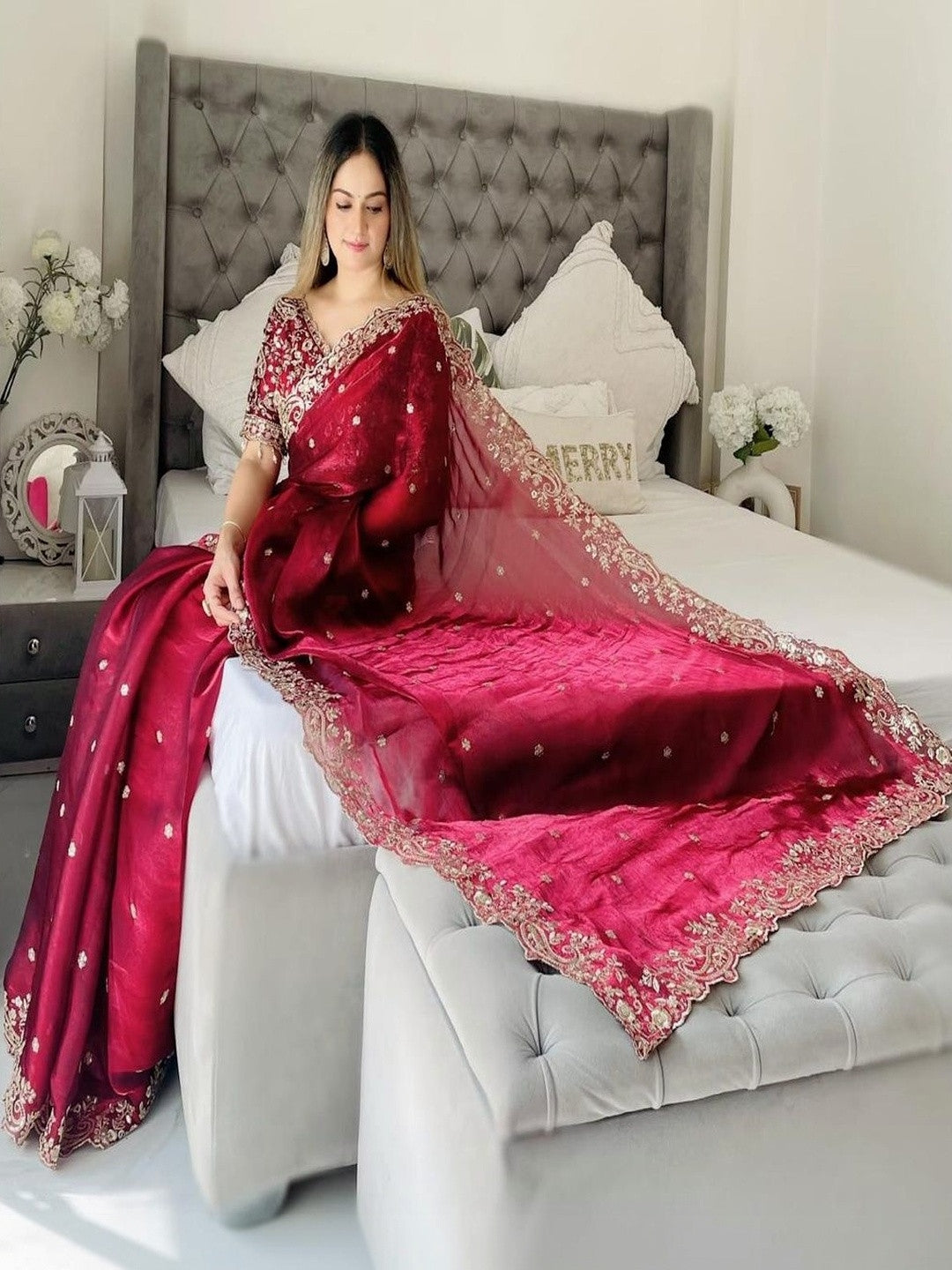 Ruby Red Embroidered Designer Saree with Heavy Sequence & Zari Border