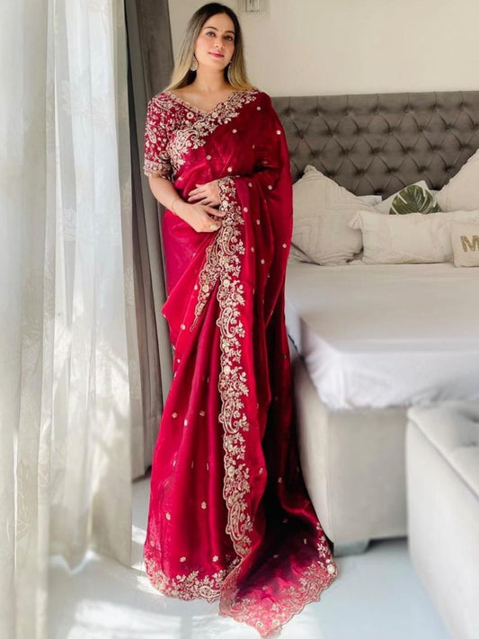 Ruby Red Embroidered Designer Saree with Heavy Sequence & Zari Border