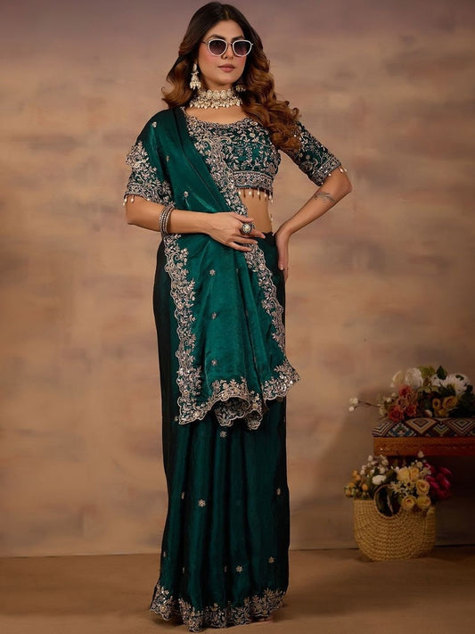 Emerald Green Embroidered Party Wear Saree with Designer Blouse