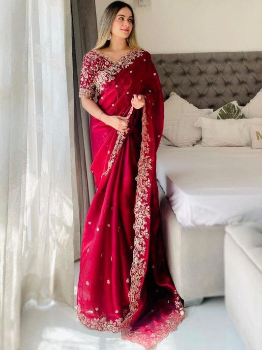 Embellished Embroidered Satin Heavy Work Saree