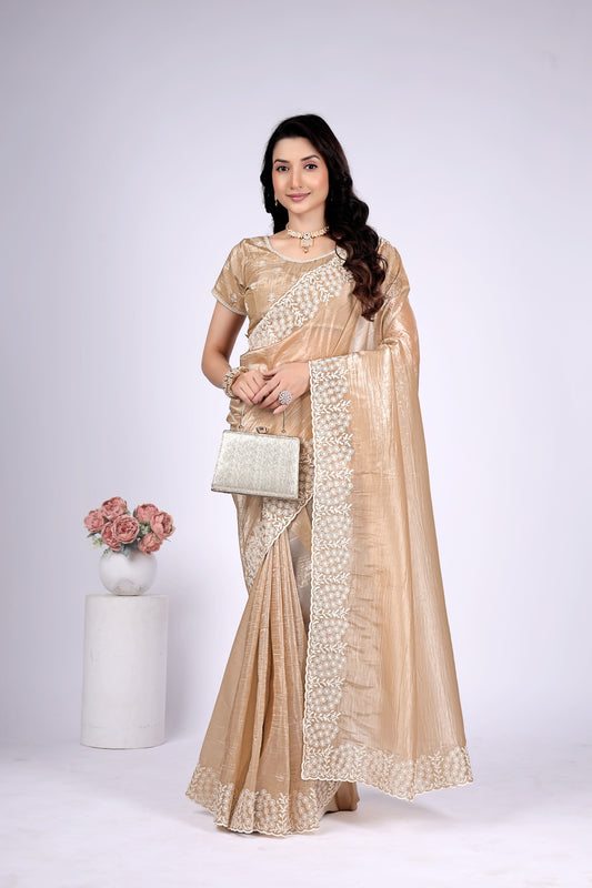 Women's Champagne Gold Tissue Silk Saree with White Embroidered Lace Border | Party Wear, Wedding & Festive Saree