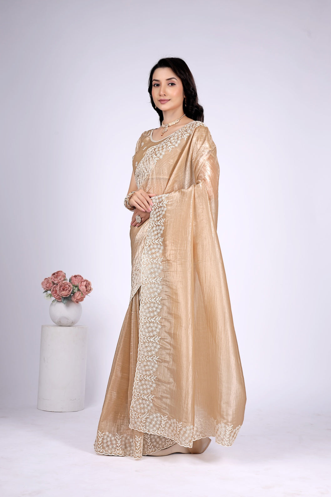 Women's Champagne Gold Tissue Silk Saree with White Embroidered Lace Border | Party Wear, Wedding & Festive Saree