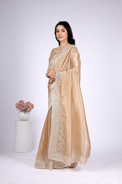 Women's Champagne Gold Tissue Silk Saree with White Embroidered Lace Border | Party Wear, Wedding & Festive Saree