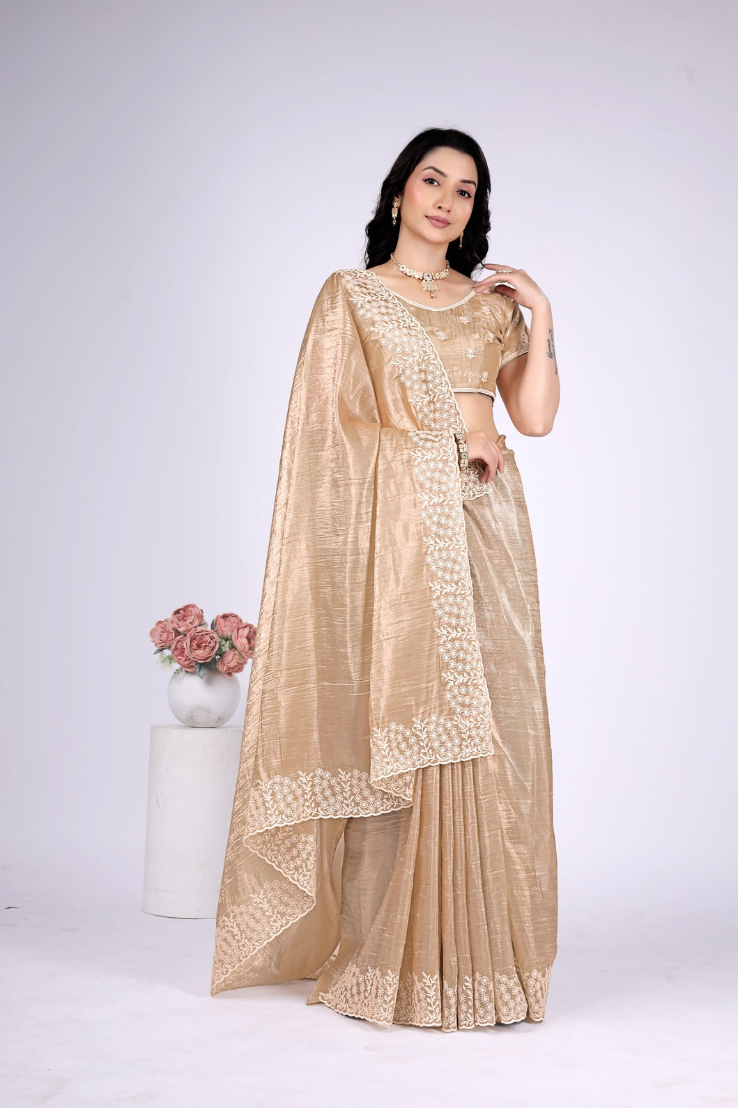 Women's Champagne Gold Tissue Silk Saree with White Embroidered Lace Border | Party Wear, Wedding & Festive Saree