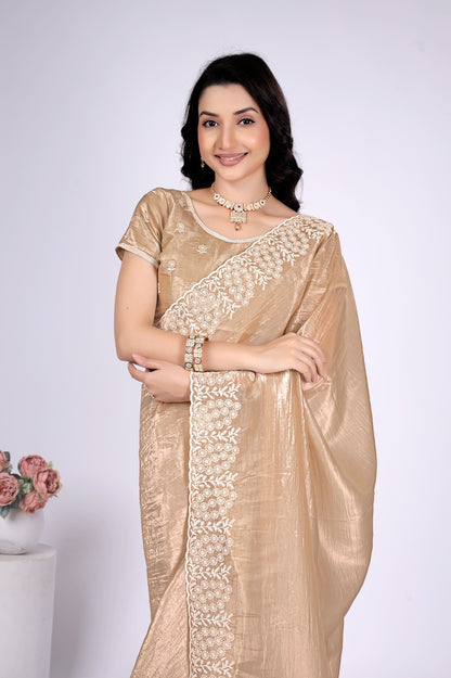 Women's Champagne Gold Tissue Silk Saree with White Embroidered Lace Border | Party Wear, Wedding & Festive Saree
