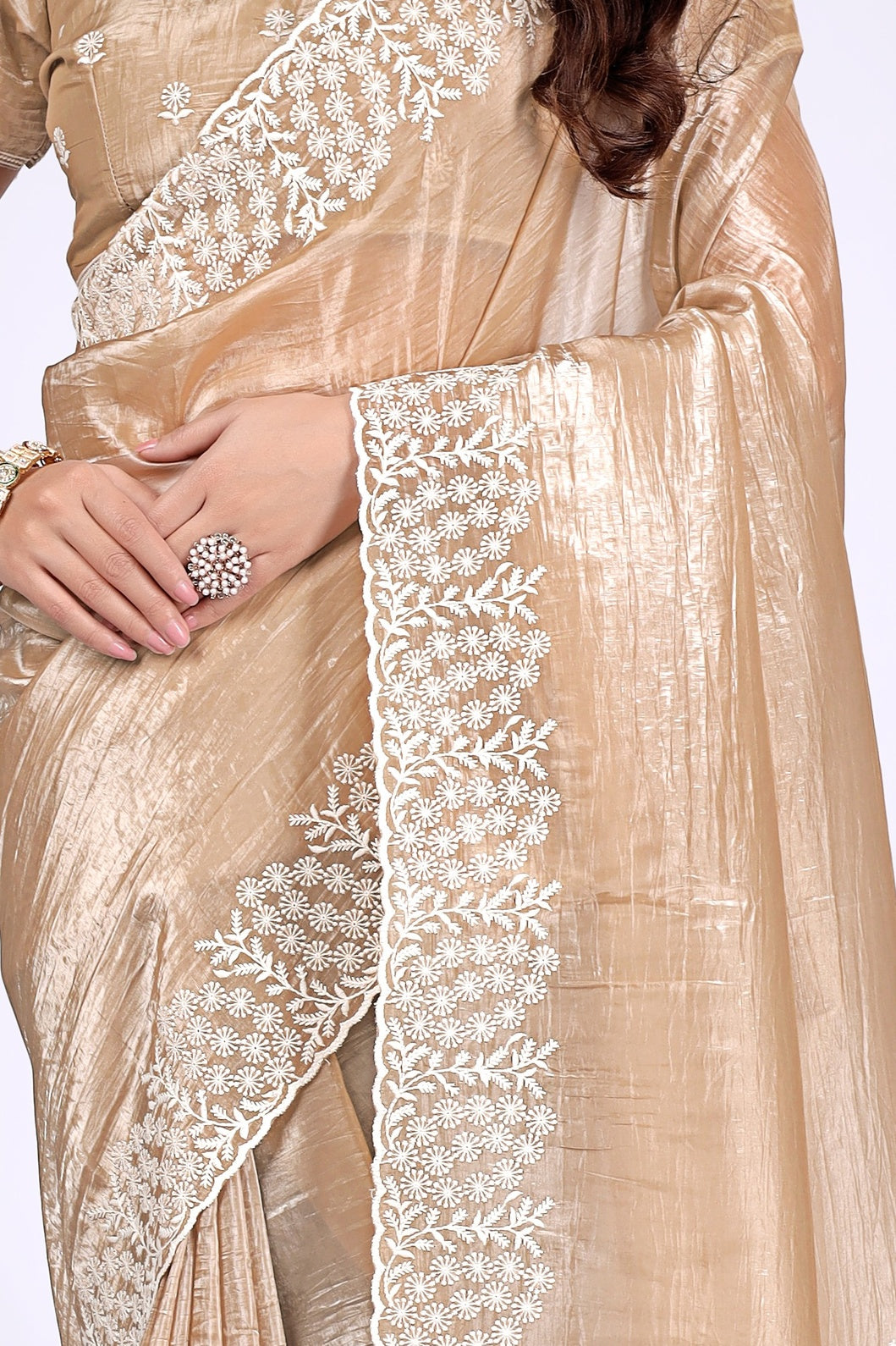 Women's Champagne Gold Tissue Silk Saree with White Embroidered Lace Border | Party Wear, Wedding & Festive Saree