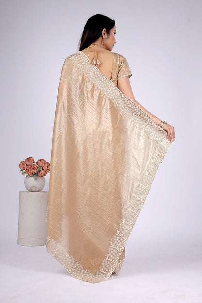 Women's Champagne Gold Tissue Silk Saree with White Embroidered Lace Border | Party Wear, Wedding & Festive Saree