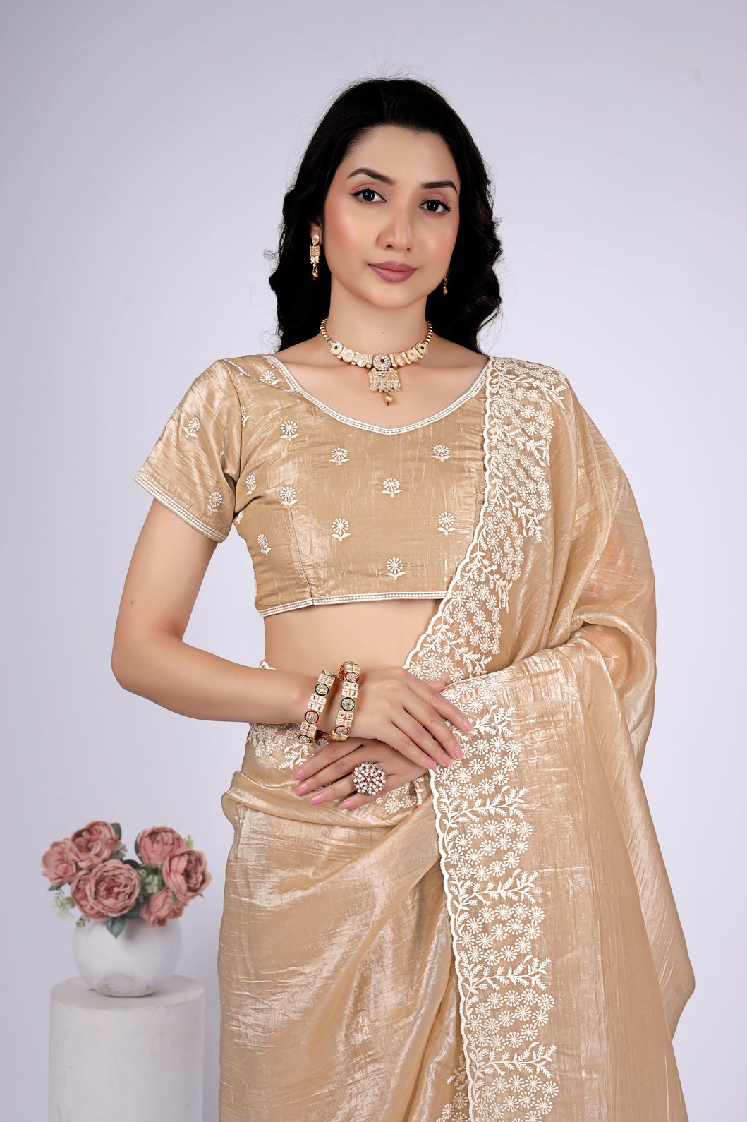 Women's Champagne Gold Tissue Silk Saree with White Embroidered Lace Border | Party Wear, Wedding & Festive Saree