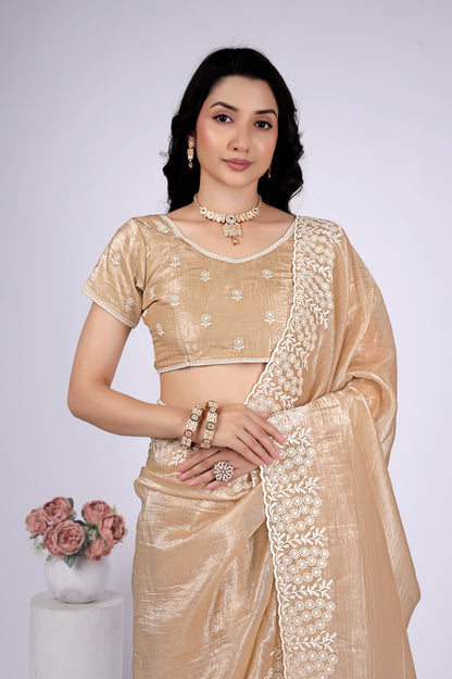Women's Champagne Gold Tissue Silk Saree with White Embroidered Lace Border | Party Wear, Wedding & Festive Saree