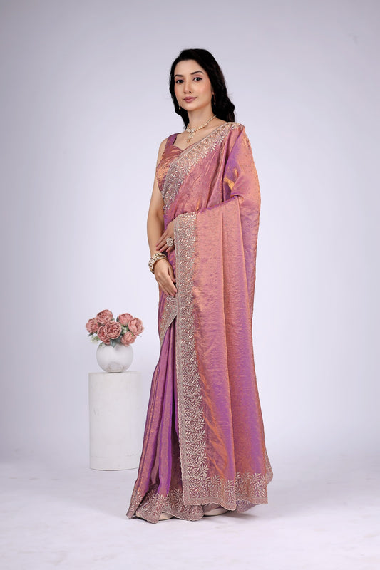 Lavender Pink Shimmer Saree with Intricate Silver Embroidered Border | Party Wear Designer Saree