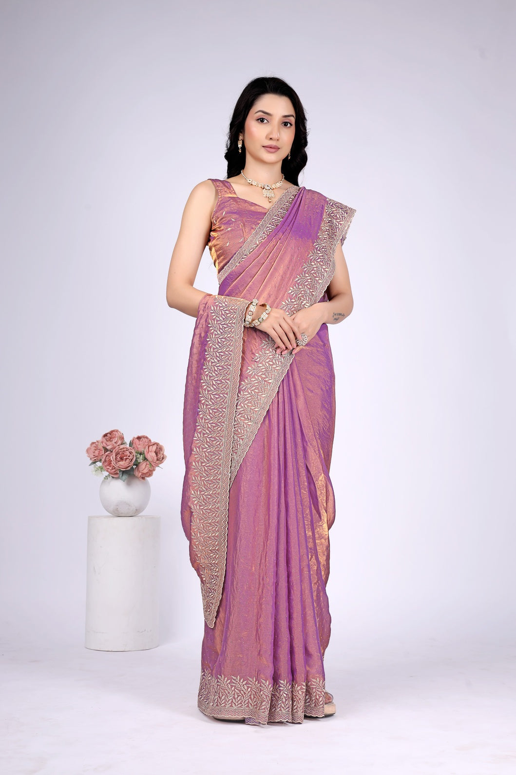 Lavender Pink Shimmer Saree with Intricate Silver Embroidered Border | Party Wear Designer Saree