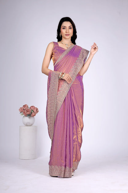 Lavender Pink Shimmer Saree with Intricate Silver Embroidered Border | Party Wear Designer Saree