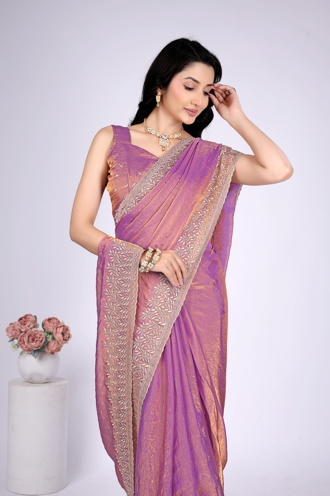 Lavender Pink Shimmer Saree with Intricate Silver Embroidered Border | Party Wear Designer Saree